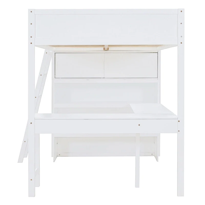White Full Solid Wood Loft Bed with Desk & Shelf