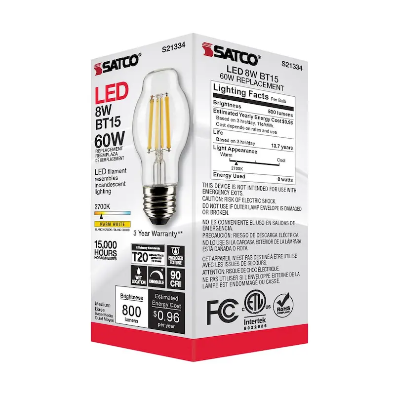 8 Watt BT15 LED - Clear - Medium base - 90 CRI - 2700K - 120 Volt
