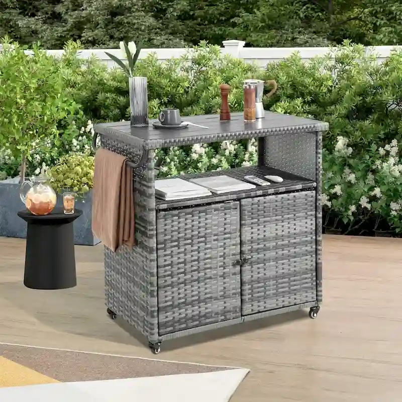 Outdoor Wicker Bar Cart,Patio Wine Serving Cart Wheels,Rolling Rattan Beverage Bar Counter Table Glass Top