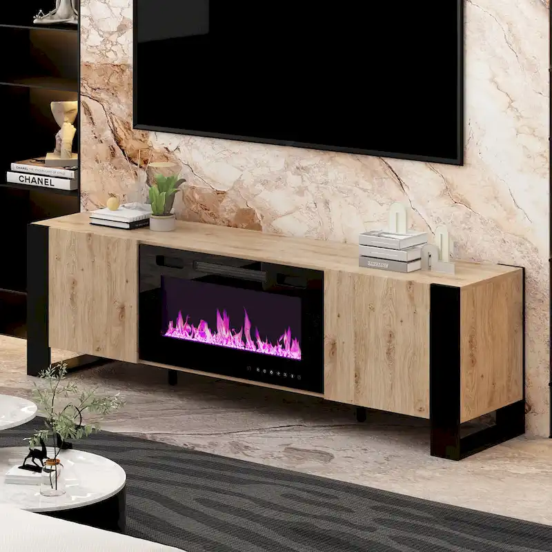 Wood Grain TV Stand with Optional Electric Fireplace: Cable Management