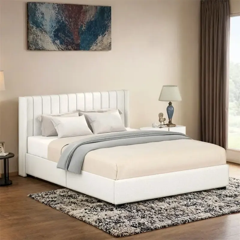Queen Size Ivory Boucle Upholstered Platform Bed w/4 Drawers Storage