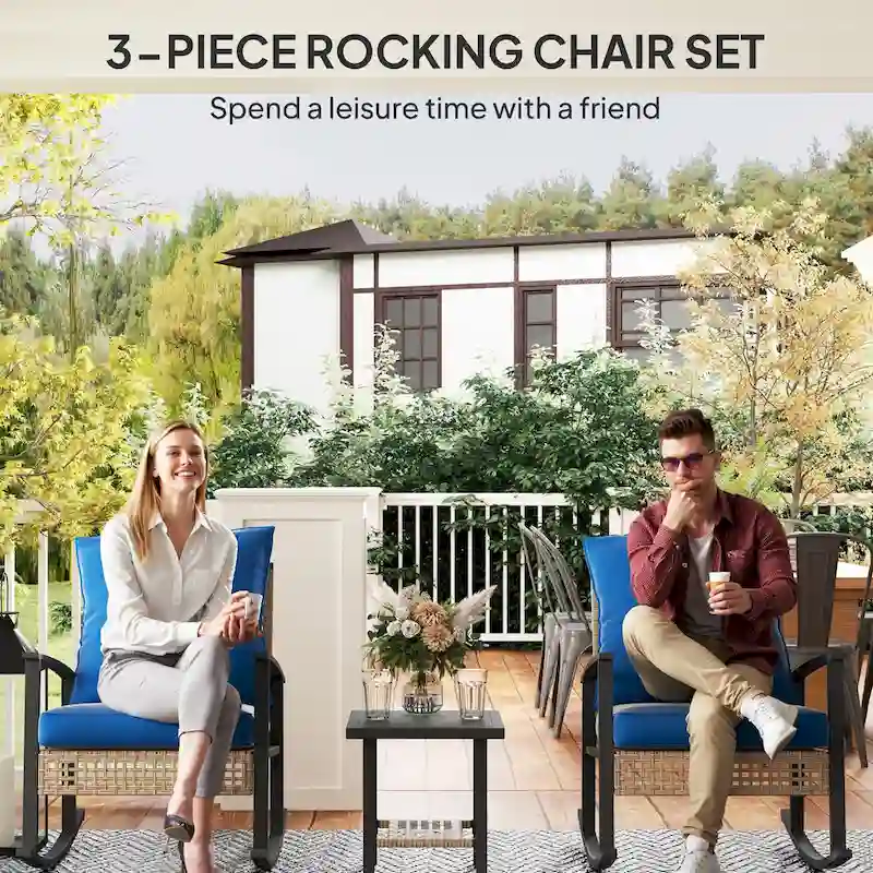 Outsunny 3 Piece Patio Bistro Set, Wicker Furniture Set with Button Tufted Cushions, Rattan Rocking Chairs and Coffee Table