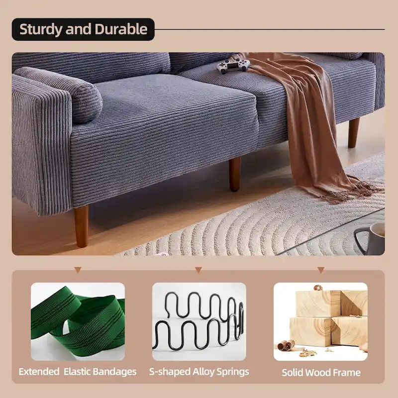 HOOOWOOO Mid-Century Modern Upholstered Sofa Couch with Rolled Pillows