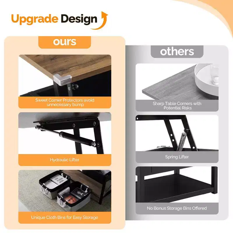 Adjustable Side X-shaped Metal Frame Rectangular P2 Board Brown Panel Black Wood Grain Side Panel Coffee Table