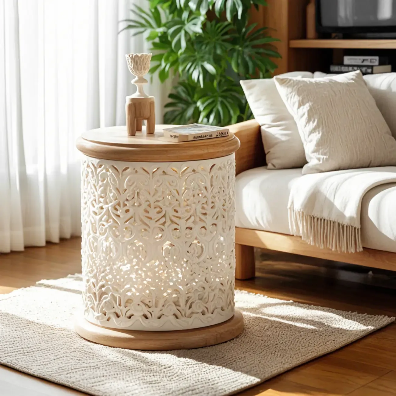 Natural Sophisticated Hollowed French Round Wood Coffee Table