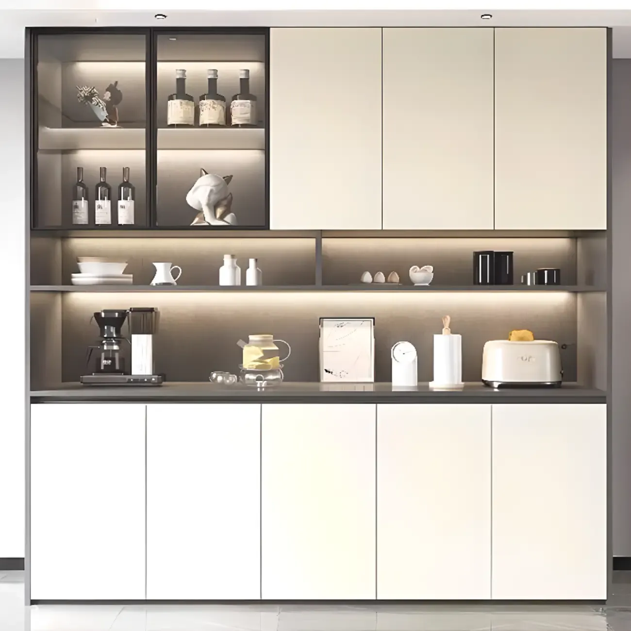 White Rectangular Multi-Shelves Glass Wood Wine Cabinet