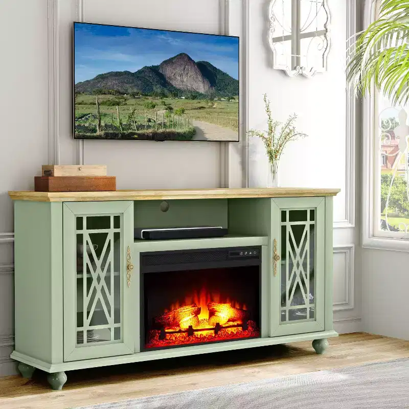 Festivo Farmhouse 62" TV Stand for TVs up to 70" with Fireplace Green