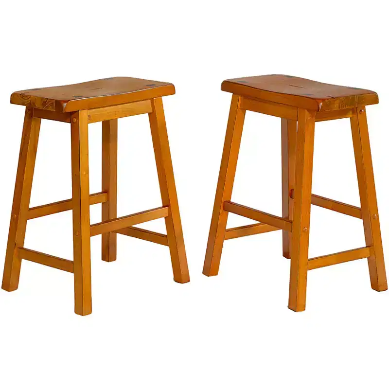 Distressed Wooden Saddle Stools, Set of 2 — Oak / Black / Brown