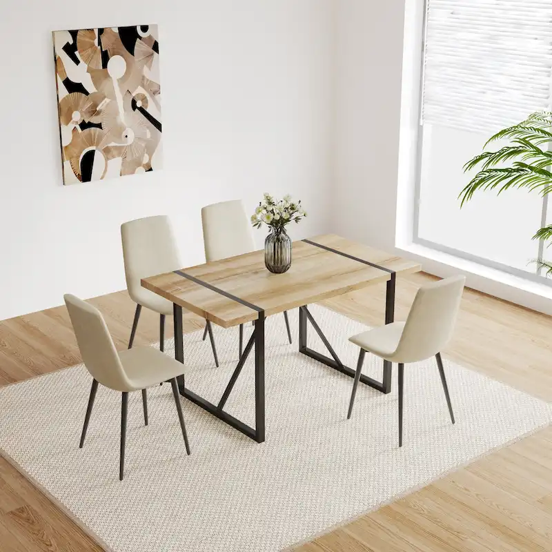 Natural Wood Industrial 5-Piece Dining Table Set with 4 Chairs, Metal Base & Legs