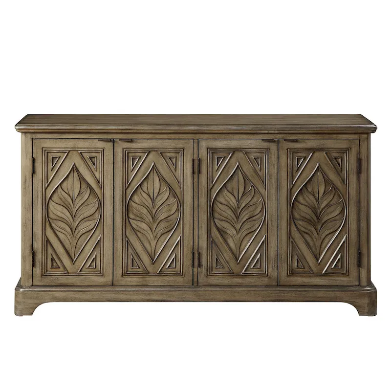 Console Table with Carved Leaf Motif Doors, Brown