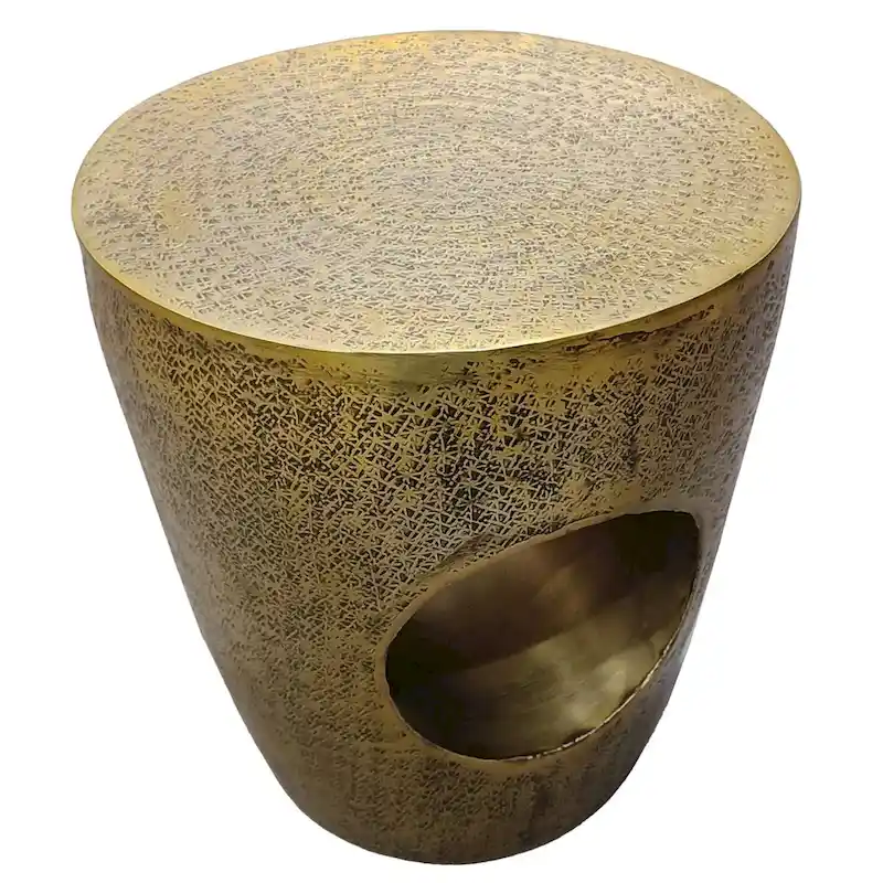 Nala 17 Inch Side End Table, Tapered Drum Shape with Unique Hollow Center, Antique Brass Aluminum