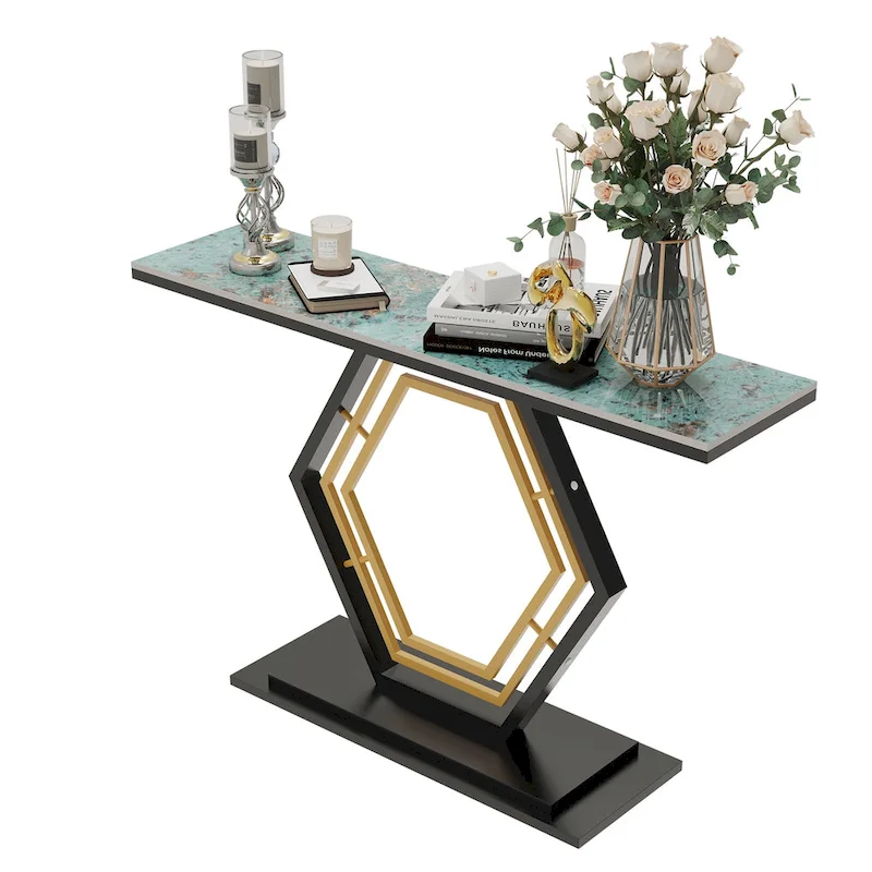 Sintered Stone Console Table with Geometric Base Sofa Table - 47.2x11.8x30.7 inch
