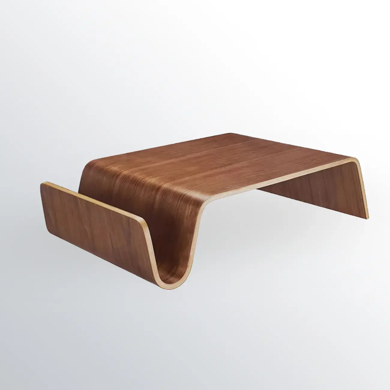 Modern Wooden Brown Curved Coffee Table with Double Pedestal