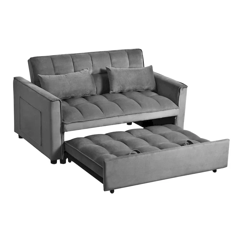 Modern Velvet Loveseat Futon Sofa Couch Pullout Bed, Small Love Seat Lounge Sofa w/Reclining Backrest, Toss Pillows, Pockets