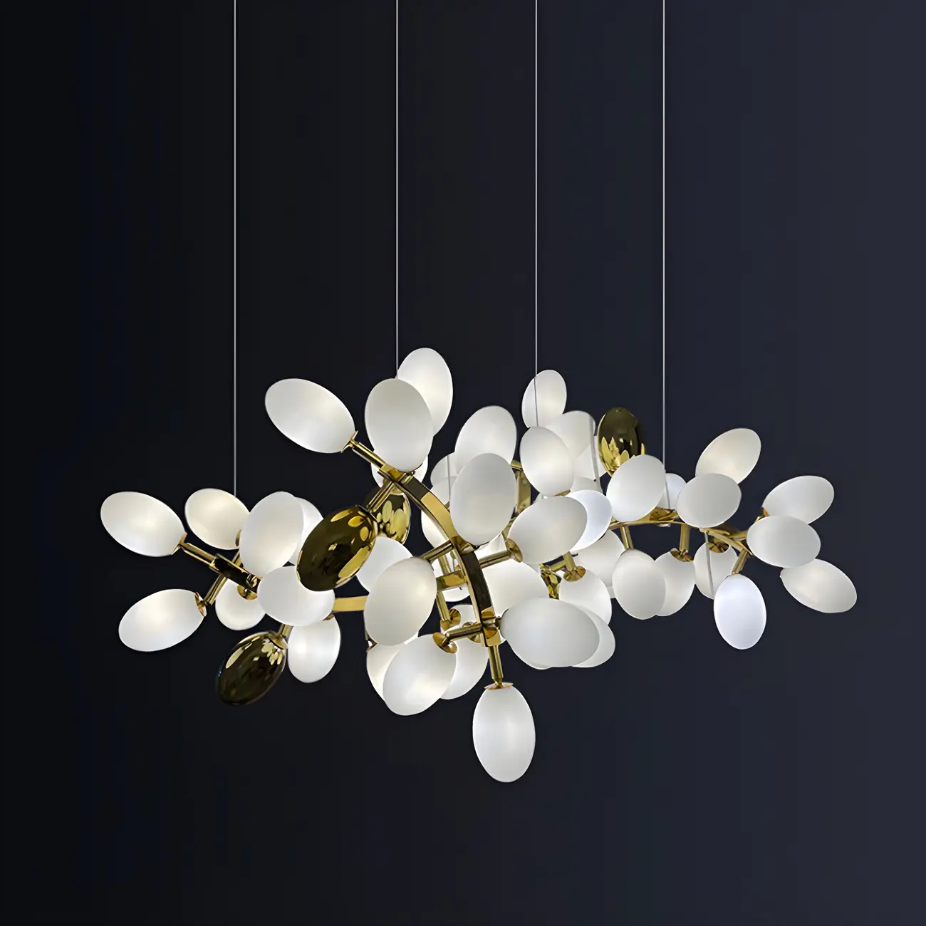 1 Tier Gold Branch White Glass Oval Cluster Pendant Light