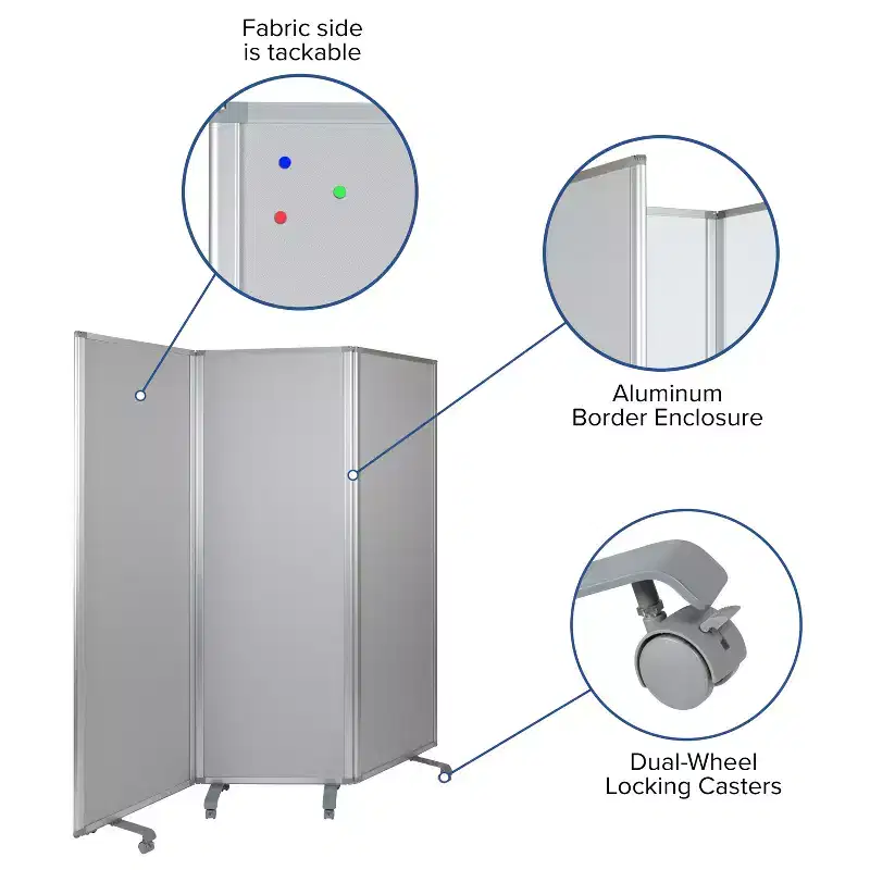 Flash Furniture Double Sided Mobile Magnetic Whiteboard/Cloth Partition with Lockable Casters, 72H x 24W (3 sections included)