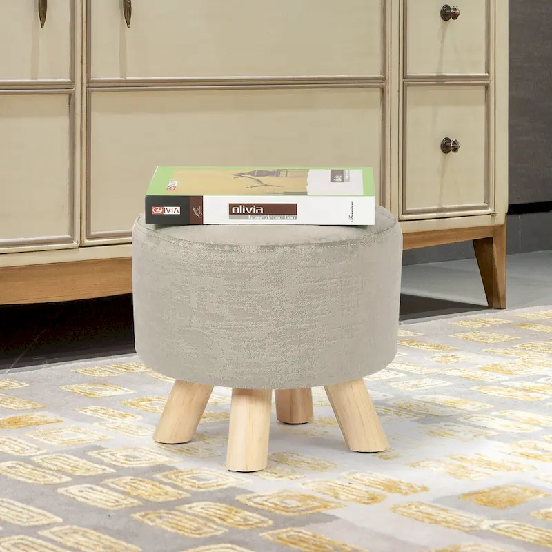 Adeco Modern Round Ottoman Home Footrest Stool/ Linen Fabric Seat Pouf