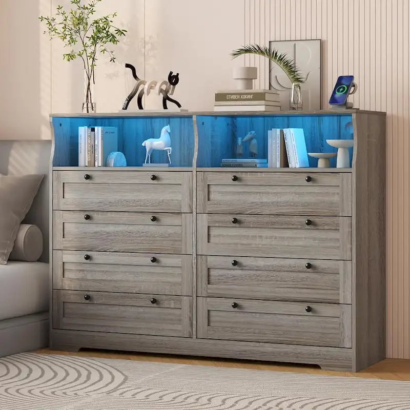 Modern Wood Dresser with 8 Drawers, Bedroom Dresser with Charging Station & LED Lights