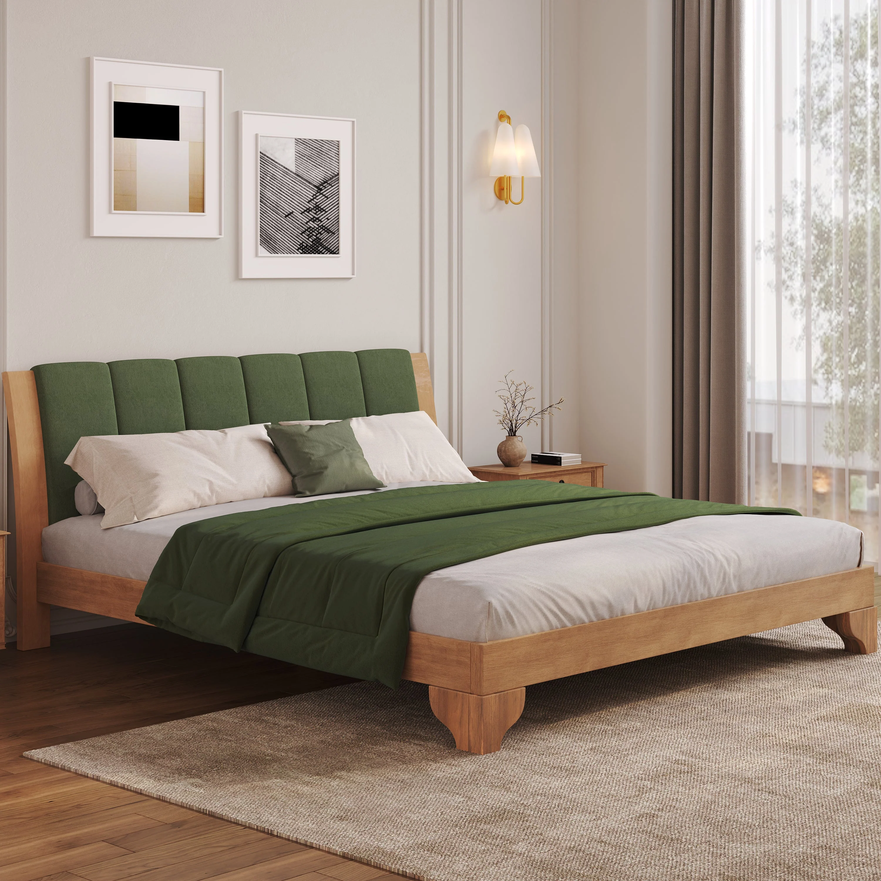 Mid Century Modern Wood and Upholstered Bedframe