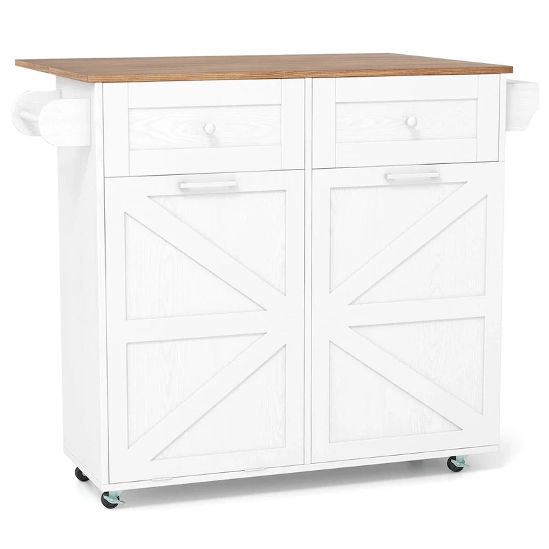 Drop-Leaf Rolling Kitchen Island Cart with Trash Cabinet & Storage – Black / White, Single