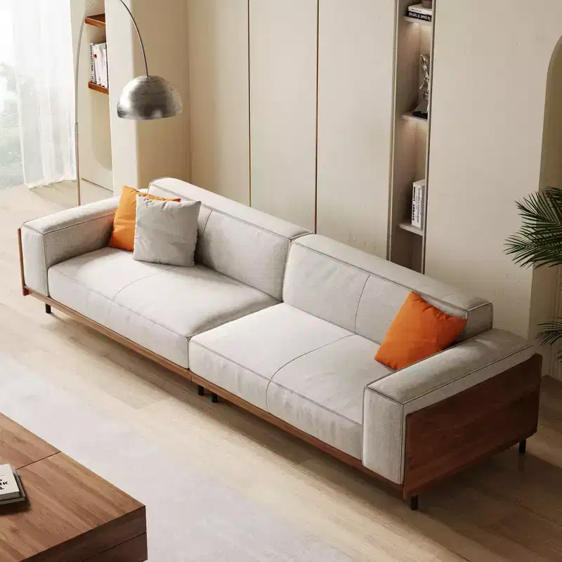 111.81 Extra-Long Solid Wood Mid-Century Light Gray Sofa, 4-Seater Cotton-Linen Couch with Walnut Accents & Washable Covers Gaoyangjiaju