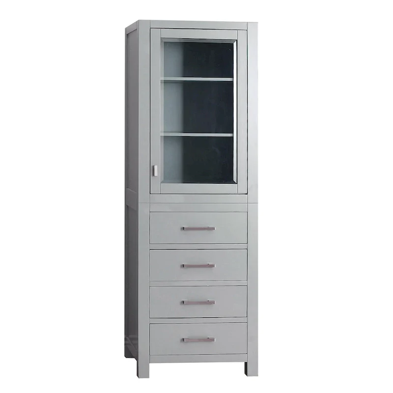 Chilled Gray Linen Tower with Glass Door, 4 Drawers & 2 Adjustable Shelves