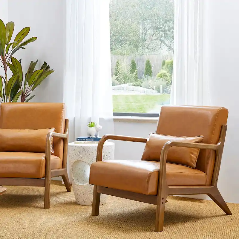 Glitzhome Set of 2 30.75H Mid-Century Modern PU Leather Accent Chairs with Cushion - 25.75W x 33.75D x 30.75H