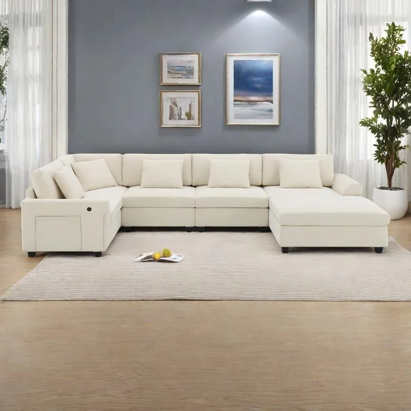 128 Chenille U-Shaped Sectional Sofa with Ottoman, 6-Seater Couch Set and Hidden Storage, USB Charging & Cup Holders