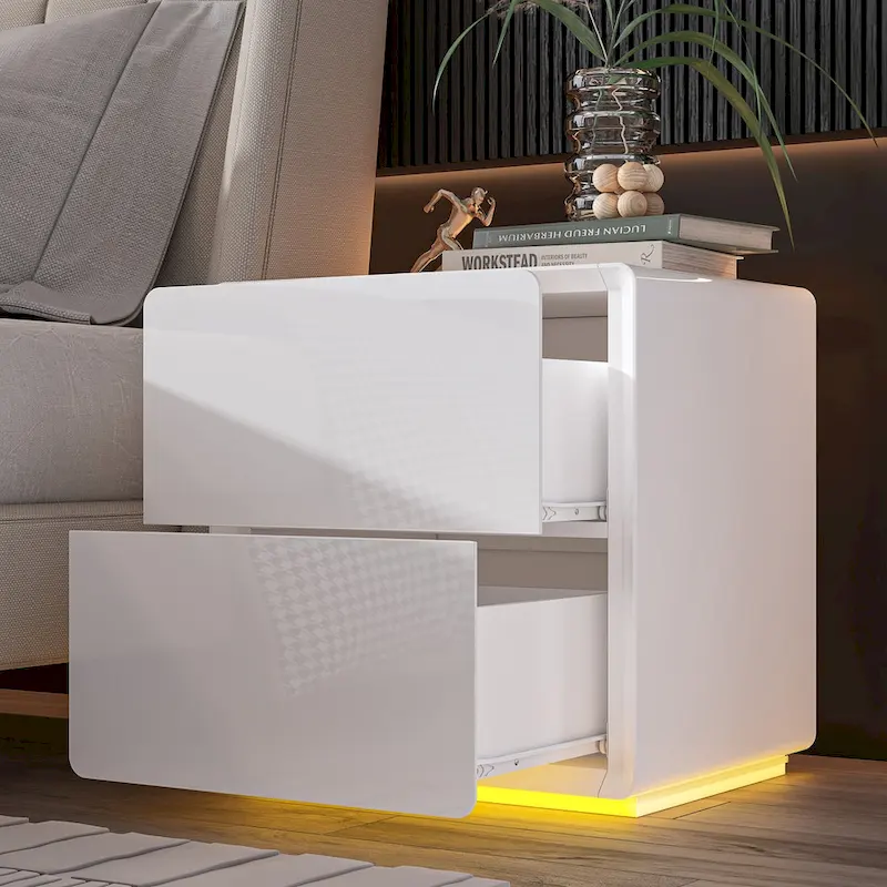 White Modern LED Nightstand High Gloss Bedside Tables with 2 Drawers