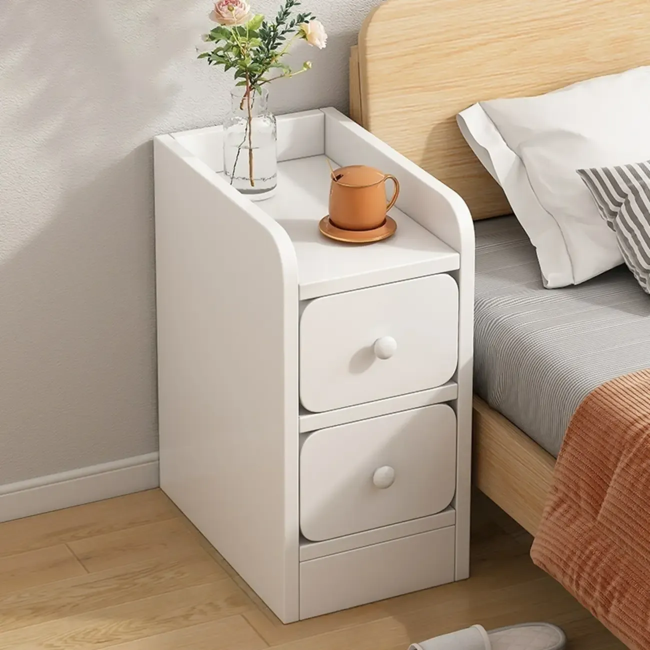 Scandinavian Wooden 2-Drawers Narrow Nightstand