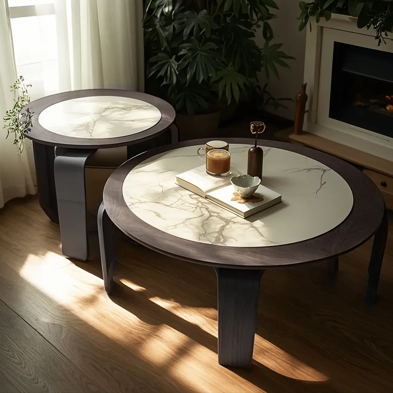 Unique Marble Round 2 Nesting Coffee Table Set with Wood Base