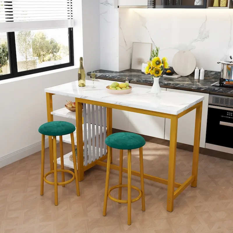 Grondin Modern Contemporary Faux Marble 3 Piece Bar Table Set with 2 Upholstered Stools and Extra Storage Shelves