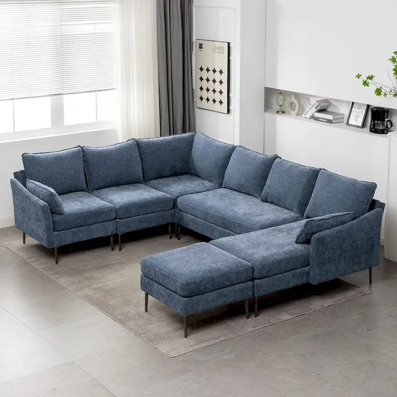 EROMMY U Shaped 6-seat Sectional Sofa Couch, Reversible Sleeper in Modern Chenille Design, with Chaise Lounge and Ottoman