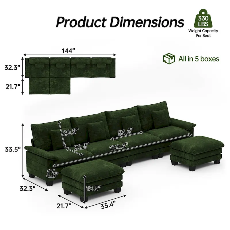 144 Modular Compression Sofa Set Convertible Sectional Sleeper Couch with 2 Ottomans