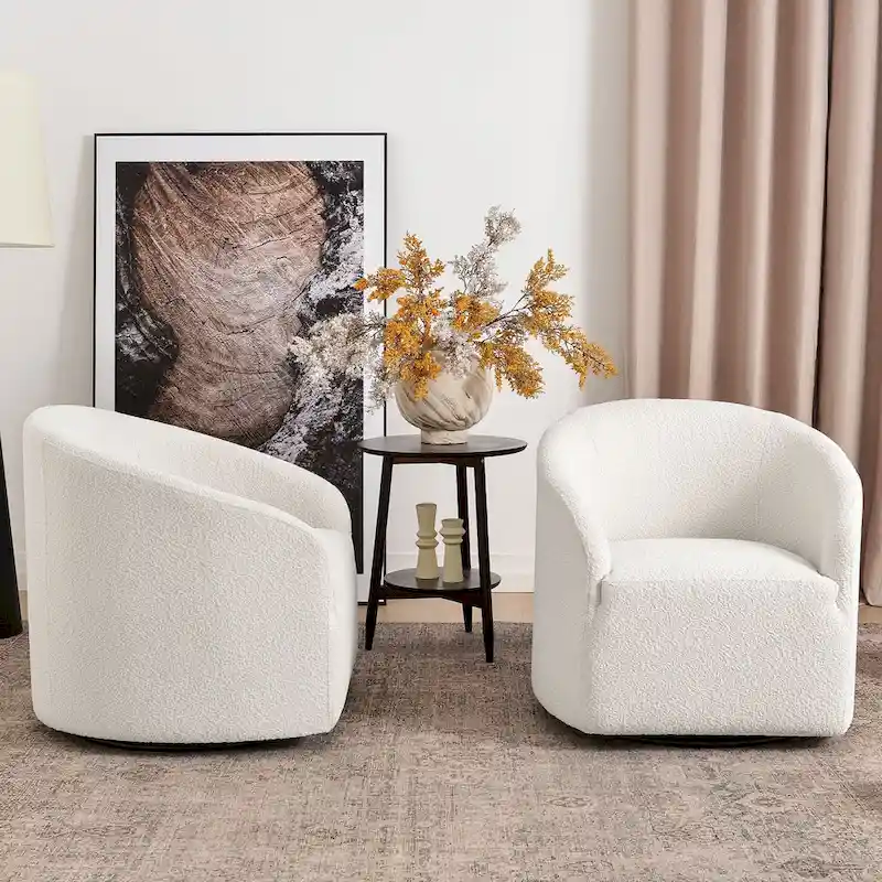 KINWELL 32W Boucle Upholstered Swivel Barrel Armchair (Set of 2)