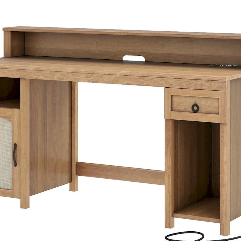 Farmhouse Wood Office Desk with Drawer and LED Strip & Power Outlets