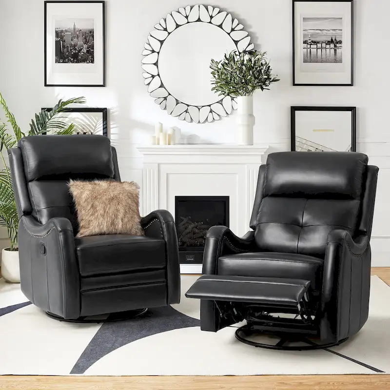 FrancoModern Genuine Leather Swivel Rocker Recliner with Nailhead Trims Sets of 2 by HULALA HOME