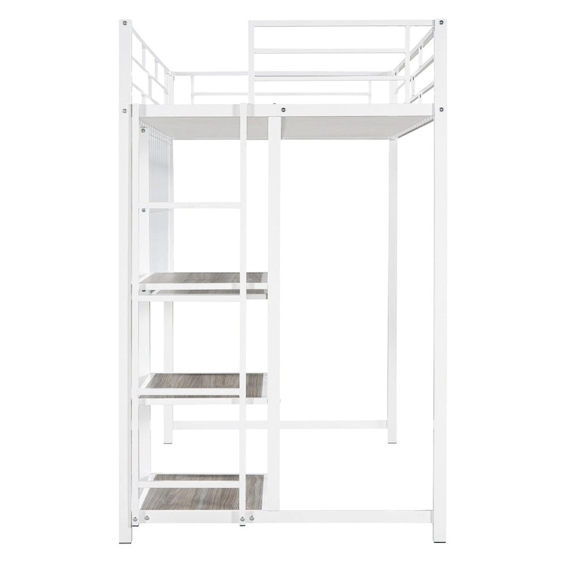 White Metal Loft Bed with Desk, Whiteboard, and 3 Shelves, Includes Ladder