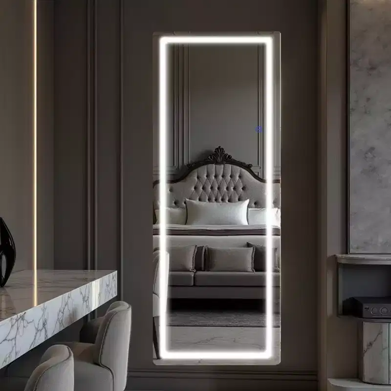 MAYEERTY Full Body Rectangle Corner Aluminum Alloy Framless Rounded Mirror with Stand for Living Room Bedroom White