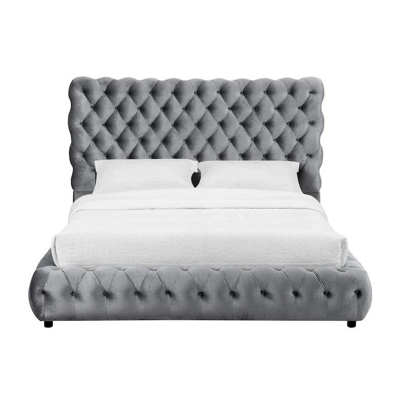 James King Size Bed, Platform Style, Button Tufted Gray Velvet Upholstery