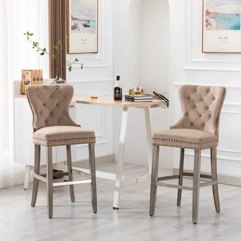 Carter 29  Wingback Tufted Nailhead Bar Stool (Set of 2), Antique Grey Legs