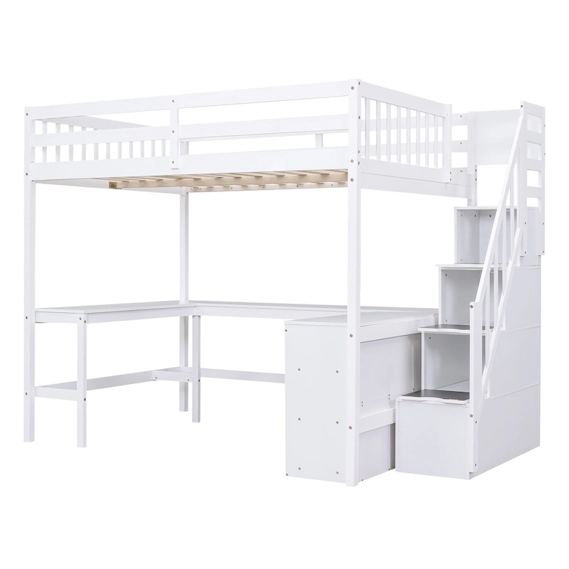 Full Size Loft Bed w/Built-in L-Shaped Desk,Three-Tier Storage Shelves
