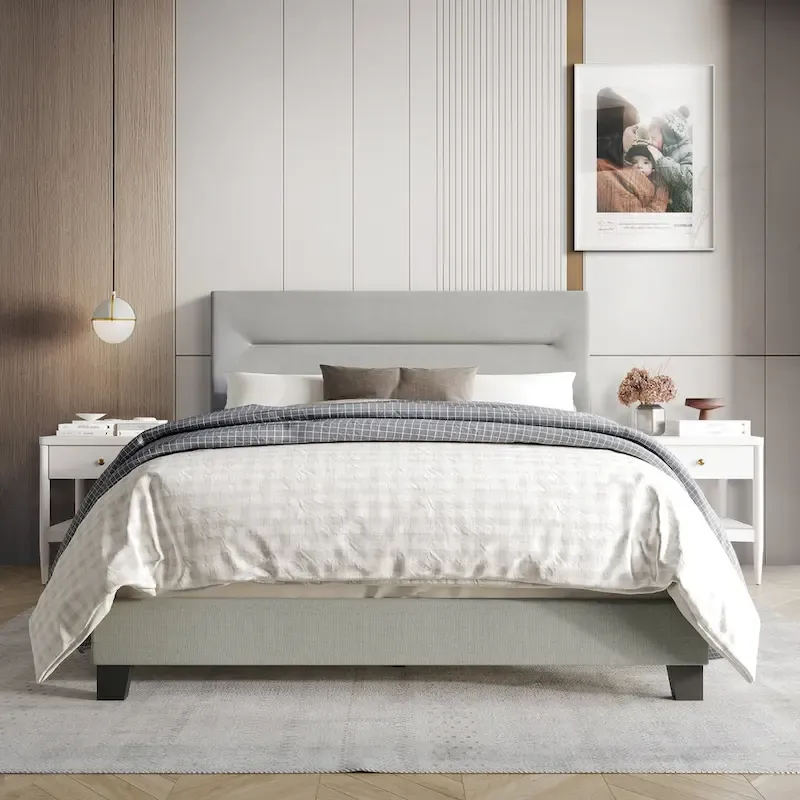Linen Upholstered Bed, Foam-Padded Headboard, Rubberwood/MDF, Seats 2, Grey/Blue/Beige/Light Blue, Twin/Full/Queen/King