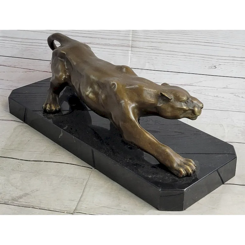 Cougar Puma Panther Mountain Lion Bronze Sculpture Statue On Marble Base