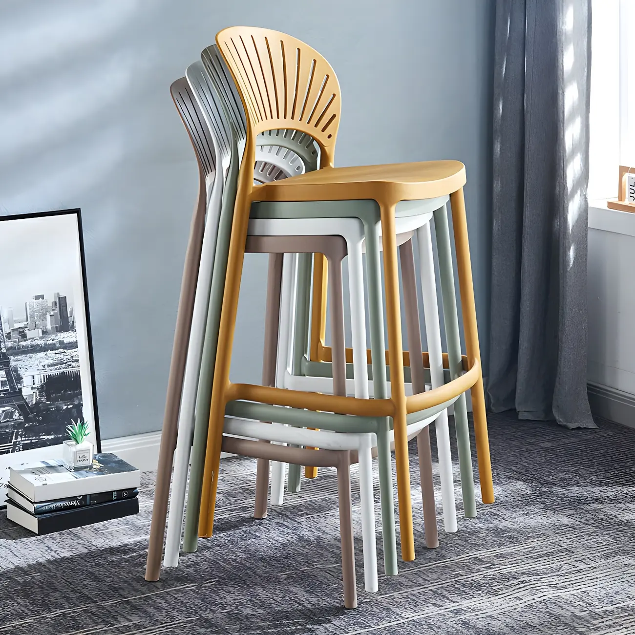 Modern Saddle Plastic Stackable Low Back Bar Height Stools
