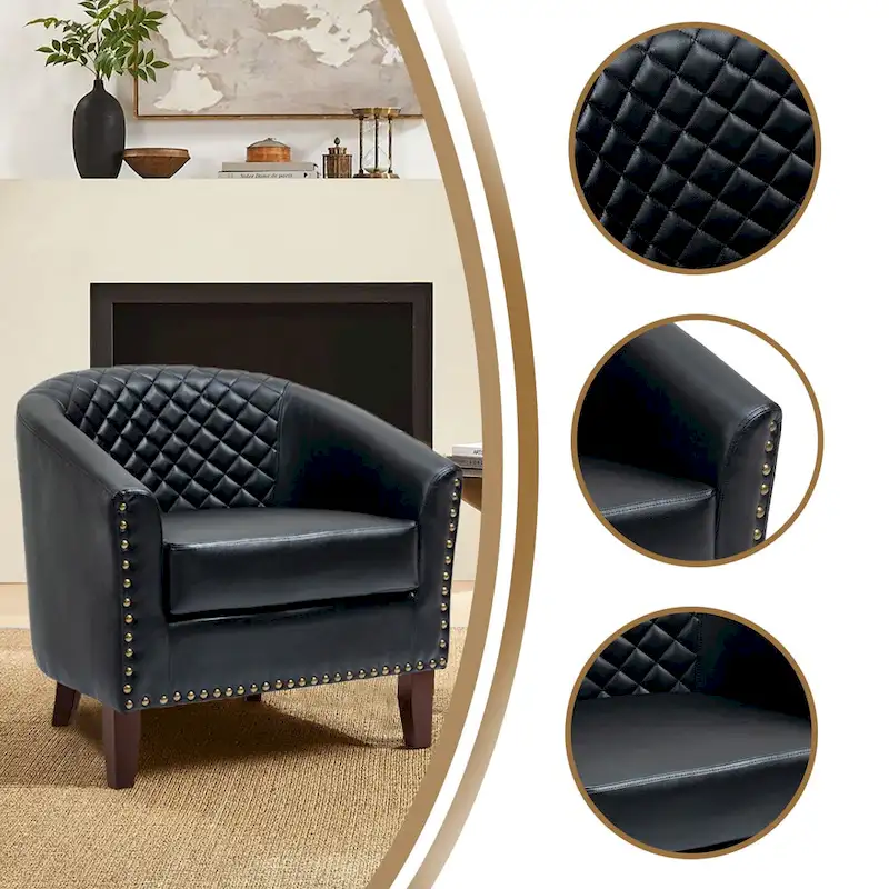 2 Set Vegan Leather Barrel Accent Chairs with Nailheads Trim