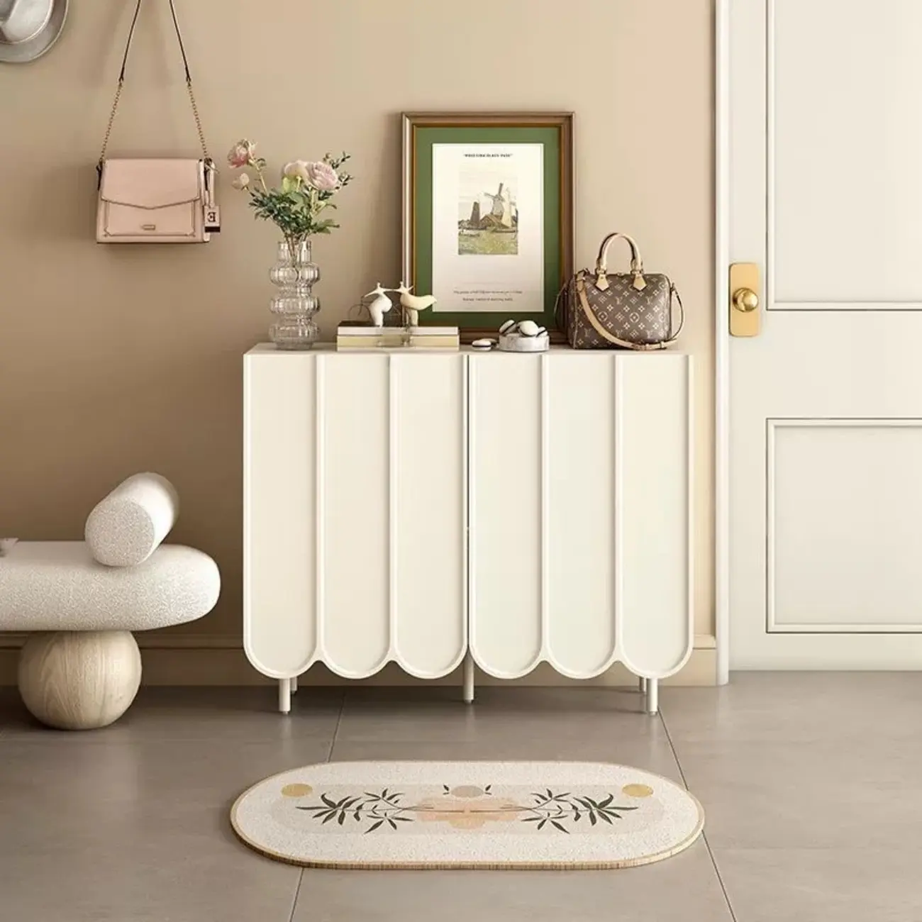 Entryway White Wooden Fluted Front Shoe Cabinet