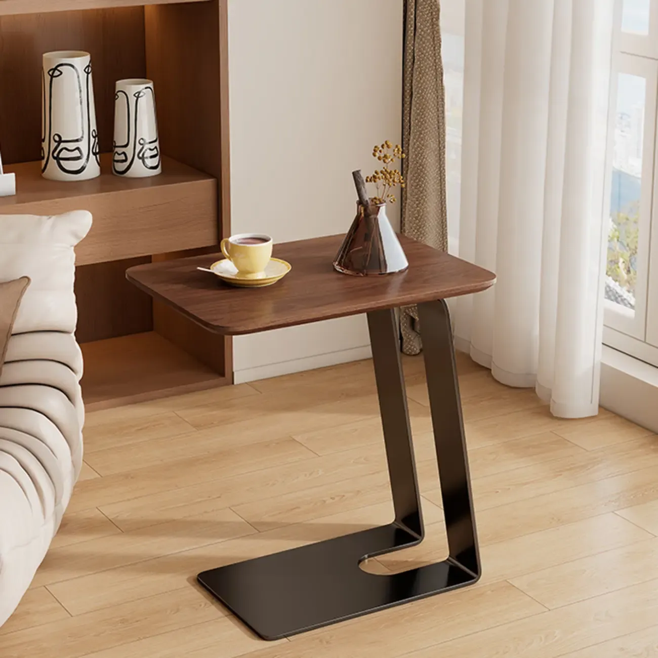 Minimalist Brown Rectangle Ash Wood C-shaped Side Table