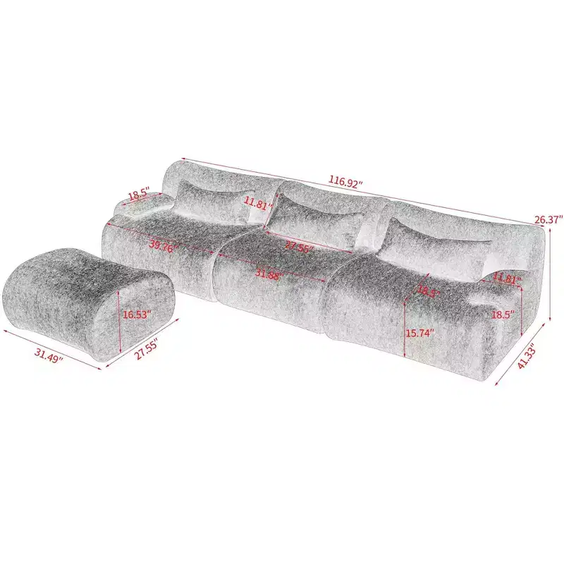GDFStudio Yugi Modern 117 3-Seater Boneless Sectional Sofa with Curved Armrests and Streamlined Design