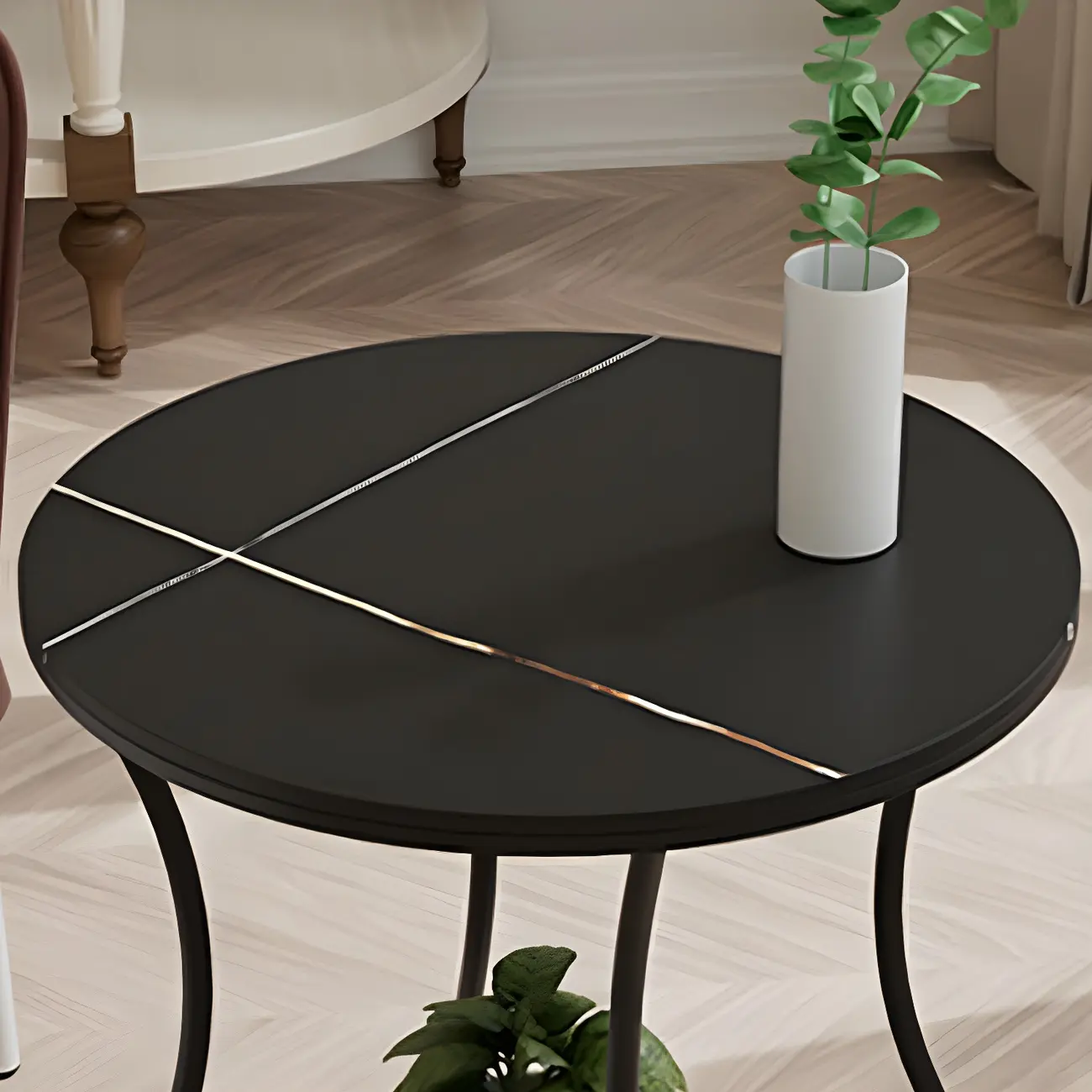 Modern Gloss Finish Steel Marble-Top Round Side Table
